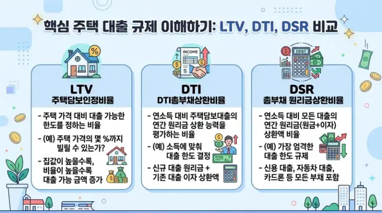 LTV·DTI·DSR 3대 대출규제 비교 인포그래픽