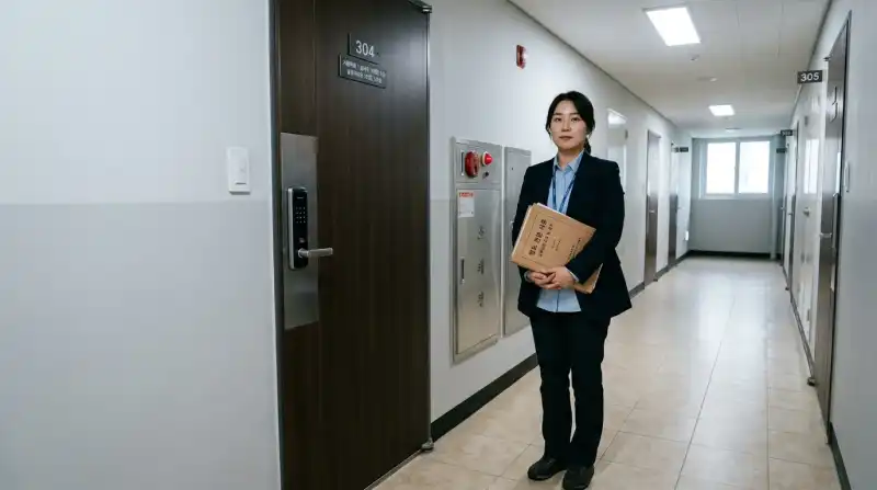 아파트 현관 앞 명도 서류 확인