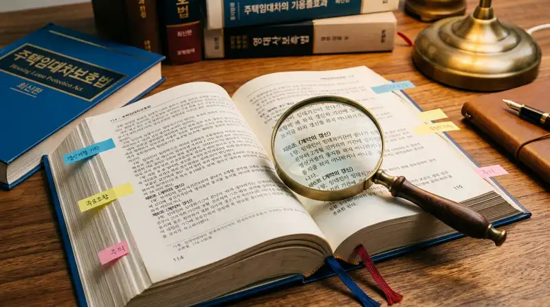 '주택임대차보호법' 책이 펼쳐져 있고 돋보기로 조항을 확대하는 장면