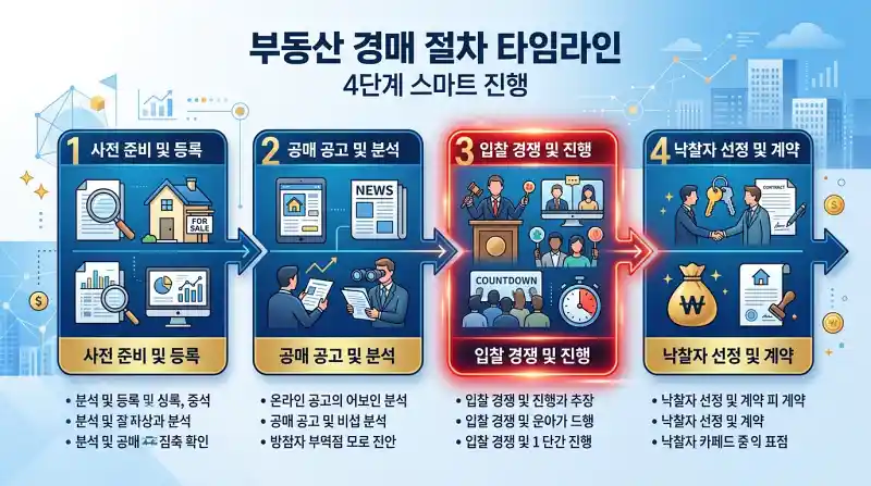 경매 프로세스 타임라인 인포그래픽