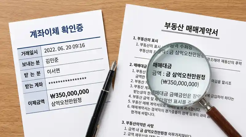 '계좌이체 확인증'과 '부동산 매매계약서', '매매대금' 