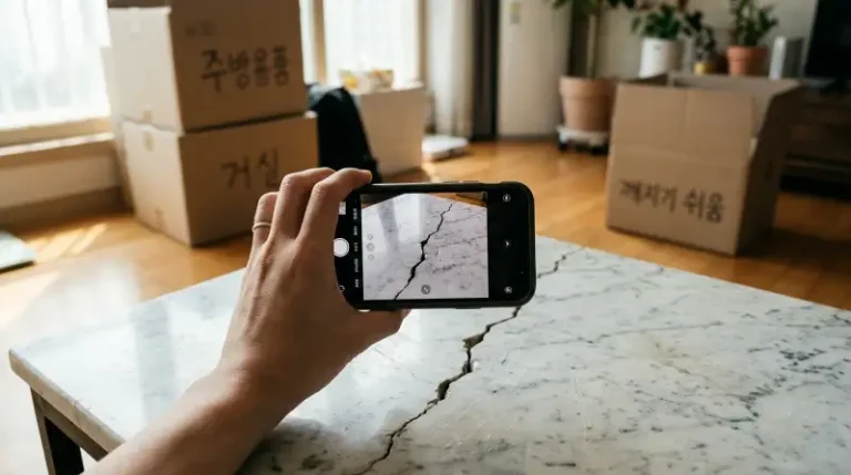 금이 간 대리석 테이블을 스마트폰으로 촬영하는 장면