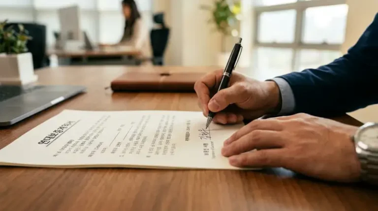 나무 책상에서 연대보증계약서에 서명하는 손 클로즈업 실사