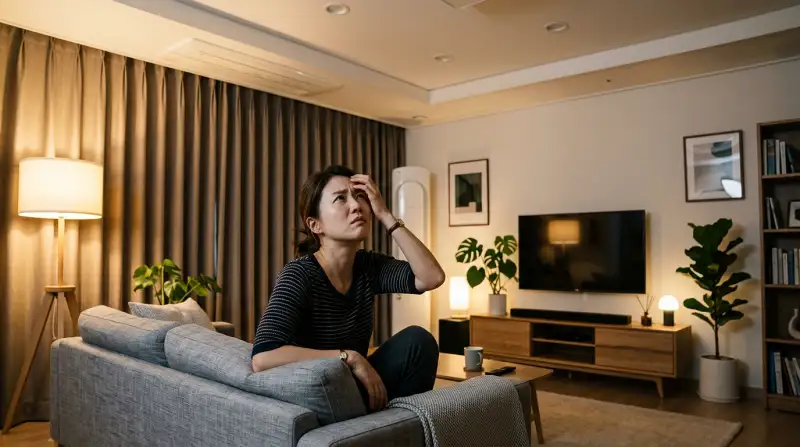 밤에 소파에 앉아 천장을 올려다보며 스트레스 받는 한국인 주민