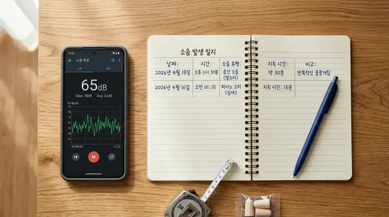 소음 측정 앱과 소음 일지 노트 플랫레이 구성