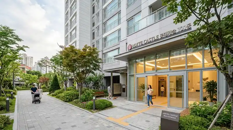 엘리베이터 입구와 로비가 보이는 현대적인 한국 아파트 단지 전경 