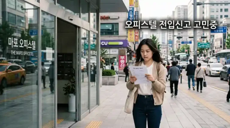 오피스텔 앞에서 임대차 계약서를 들고 고민하는 젊은 임차인의 모습