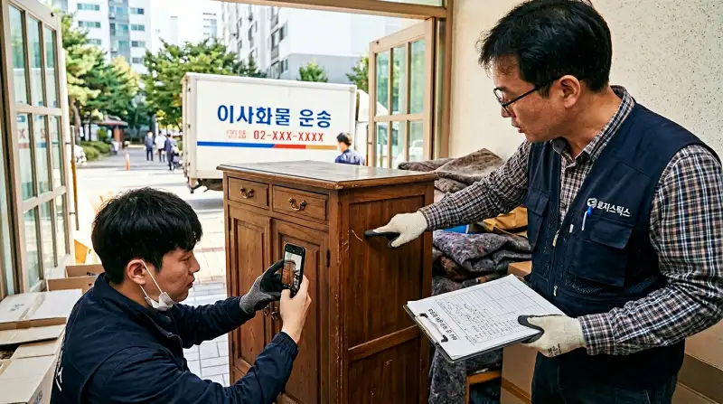 이사 전 가구 상태 점검표를 들고 스마트폰으로 촬영하는 장면