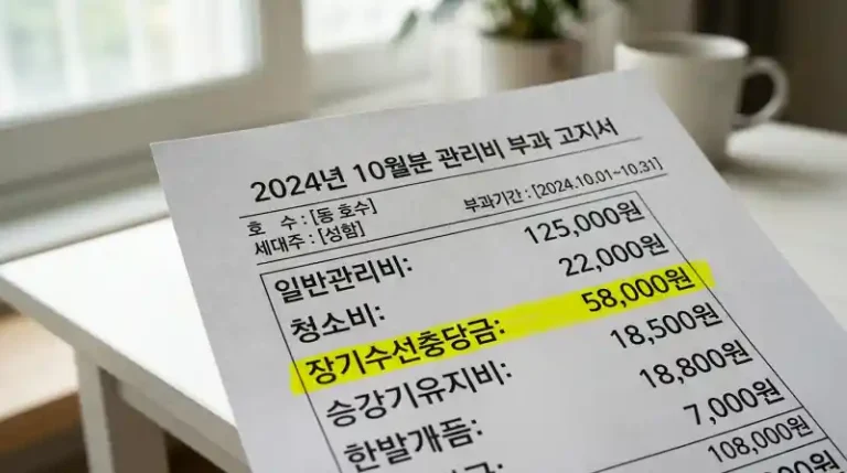 장기수선충당금 항목이 하이라이트된 관리비 고지서 클로즈업