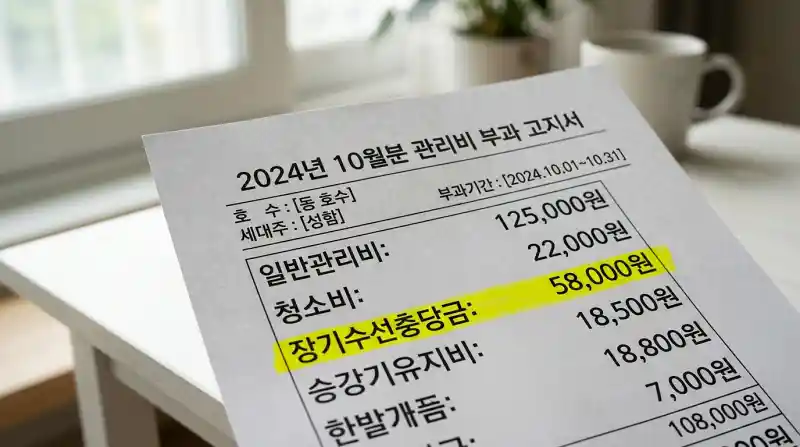 장기수선충당금 항목이 하이라이트된 관리비 고지서 클로즈업