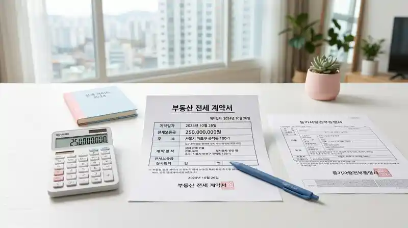 전세 계약서와 등기 관련 서류, 계산기가 함께 놓인 책상 장면