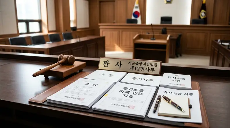 한국 민사법정 책상의 전문적인 법률 서류 구성