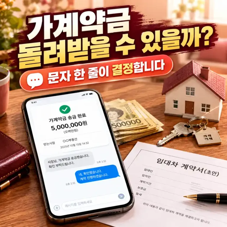 가계약금 송금 화면이 뜬 스마트폰과 집 모형, 열쇠와 계약서
