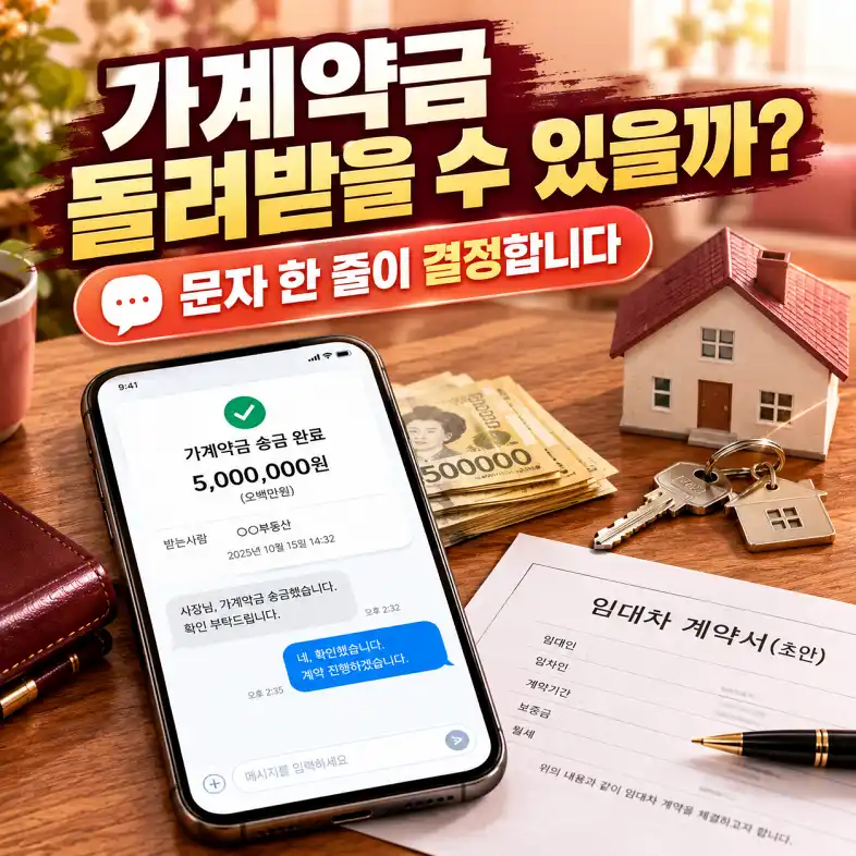 가계약금 송금 화면이 뜬 스마트폰과 집 모형, 열쇠와 계약서