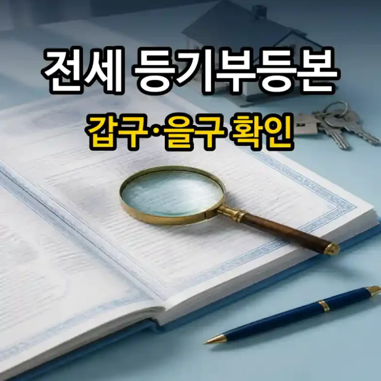 등기부등본 문서를 돋보기로 확인하는 전세 계약 준비 장면과 갑구·을구 확인 항목 안내