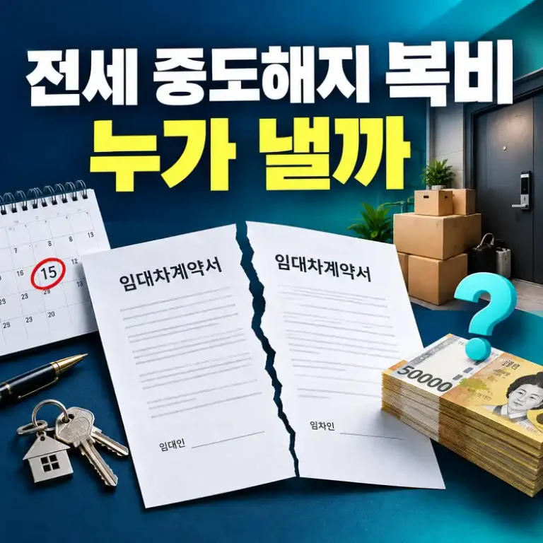 전세 중도해지 시 복비 부담 주체를 나타내는 계약서와 이사 상자, 달력