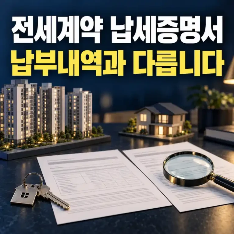 전세계약 납세증명서와 납부내역을 확인하는 서류와 돋보기, 아파트 모형