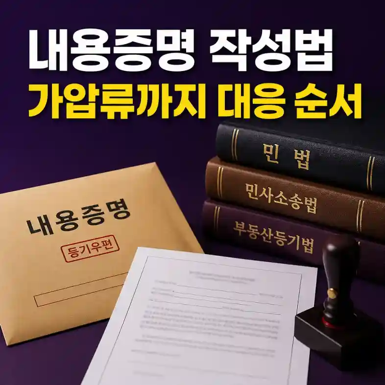 부동산 분쟁 대응 — 내용증명 등기우편 봉투와 법전, 인감도장으로 절차를 준비하는 장면