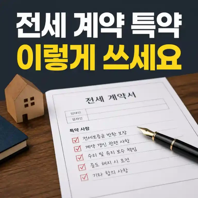 전세 계약서 특약사항란에 조건을 적어 넣으며 돈을 지키는 조항을 확인하는 임차인