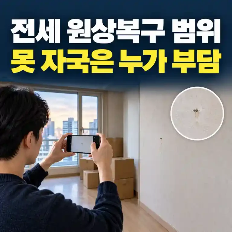 전세 원상복구 범위를 확인하려고 이사 전 벽지의 못 자국을 스마트폰으로 촬영하는 임차인