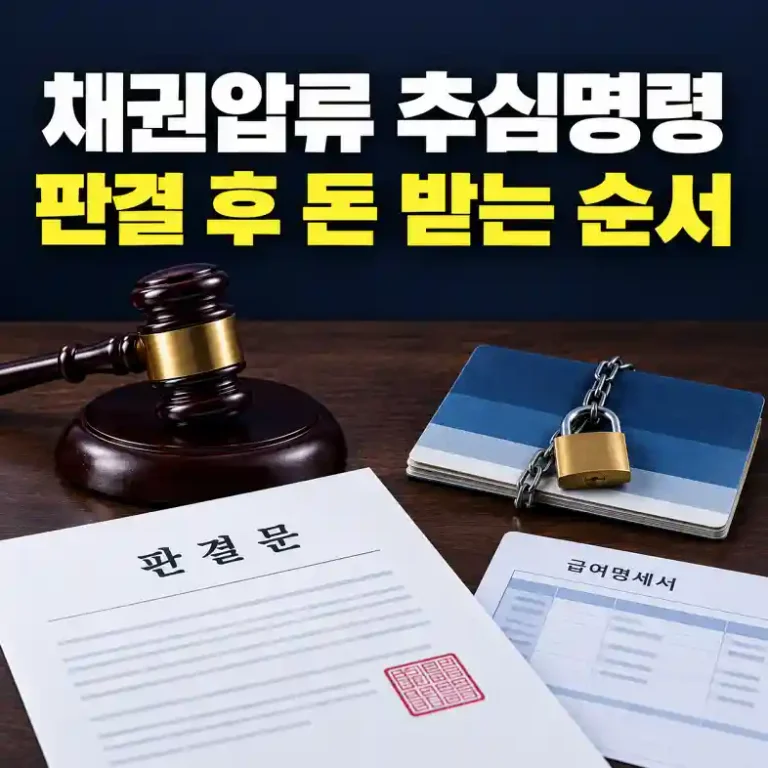 채권압류 및 추심명령 신청을 위해 판결문과 집행문, 통장과 급여명세서를 정리하는 채권자